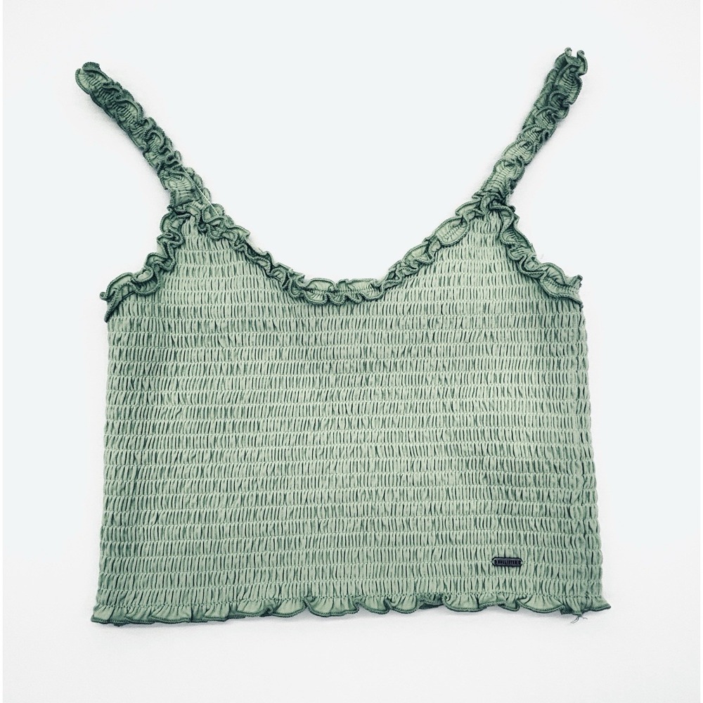 Hollister Womens Smocked Tank Top Light Green Cropped Ruffle Strap Medium